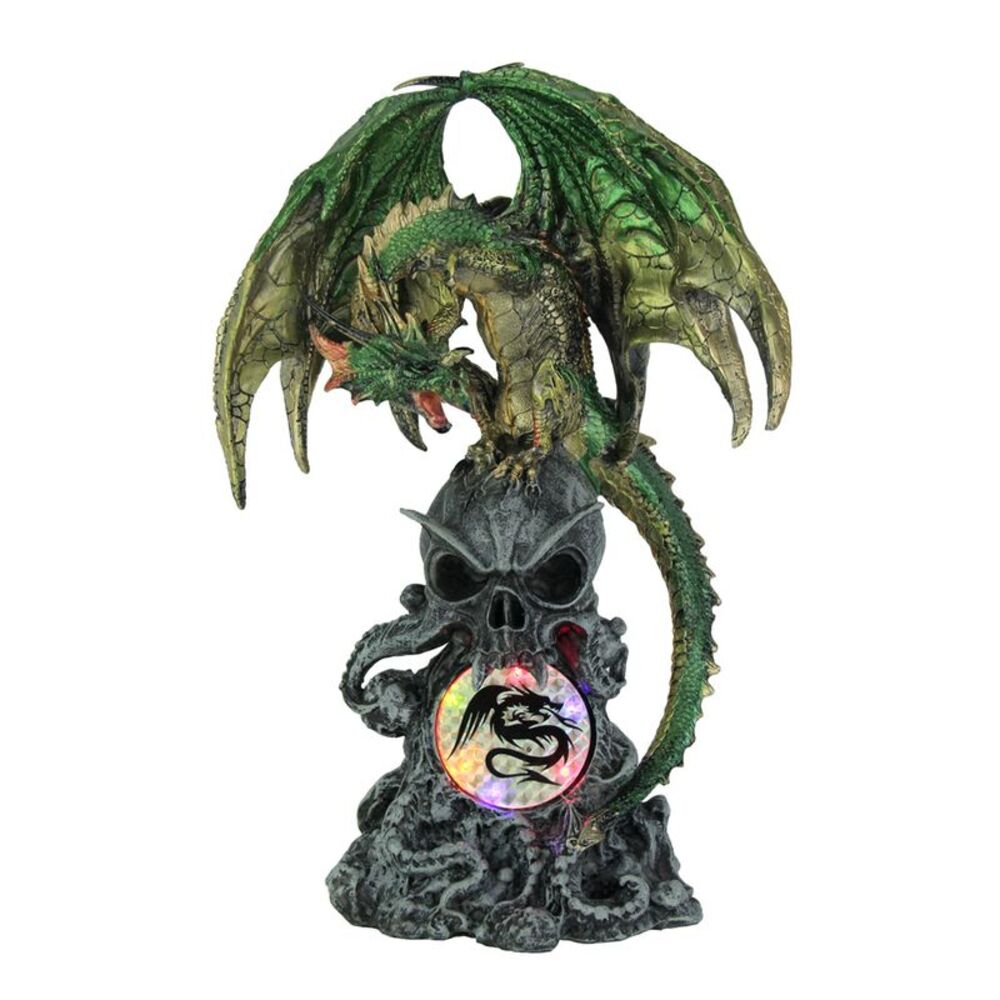 Green Dragon Perched On Skull Statue Multicolored LED Lights